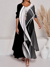 billiga Blommiga klänningar-kvinnors färgblock lång maxiklänning knapp lager vardagsklänning svängklänning tryck klänning mode modern daglig semester helg 3/4 lång ärm klänning med rund hals lös passform silver svart vit