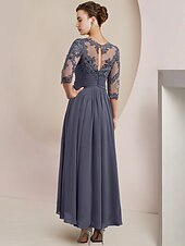 abordables Avec veste-Robe de mère de la mariée en deux pièces A-Line Robe invitée formelle Élégante Décolleté dégagé longueur thé Chiffon dentelle Manches 3/4 Wrap inclus avec appliques froncées 2025 taille personnalisée