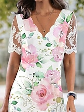 Χαμηλού Κόστους Casual Floral Φορέματα-γυναικεία φλοράλ αντίθεση δαντέλα δαντέλα όστρακο λαιμό δαντέλα μανίκι midi φόρεμα καθημερινές διακοπές κοντομάνικο καλοκαίρι άνοιξη