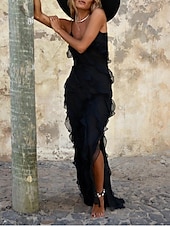 preiswerte Kleider für den-Damen schwarzes kleid Ballkleid abendkleider Rüsche Gespleisst Spaghetti-Träger Ärmellos kleid hochzeitsgast Urlaub Schwarz Rote Sommer Frühling