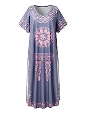 ieftine Rochii Boho-Pentru femei Rochie Maxi lungă Rochie Lunga Rochie Maxi Rochie casual Rochii Tricou Rochie Boho Rochie imprimata Modă Boem Casual În aer liber Vacanță Zilnic Potrivire Largă Floral Manșon scurt În V