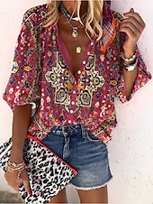 preiswerte Damen Kunst- und Design-Oberteile-Damen Hemd Bluse Basic Knöpfe Print Langarm Normal Oberteile V-Ausschnitt Casual Rosa Rot Blau Lila Braun Frühling Herbst