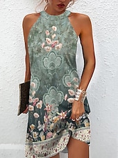 cheap Boho Dress-Women&#039;s Mini Dress Petite Dress Sundress Summer Dress Halter Neck Dress Active Fashion Streetwear Outdoor Vacation Daily Regular Fit Floral Sleeveless Halter Neck Light Green Royal Blue