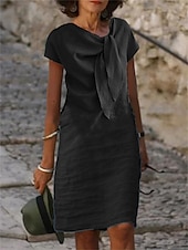 abordables vestidos de algodón y lino de diseño-Mujer Vestido blanco Vestido informal Vestido de Algodón Vestido Midi Acordonado Anudado Básico Casual Diario Vacaciones Escote en Pico Manga Corta Verano Primavera Negro Blanco Plano
