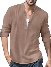 economico Casual da lavoro-Per uomo Camicia Camicia in lino e cotone Camicia con colletto cinese Camicia con colletto alla coreana Camicia popover Camicia estiva Liscio Da mare Informale Nero Bianco Blu Marrone Manica lunga