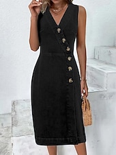billiga Denimklänningar-Dam Denimklänningar Arbetsklänning Bodycon Midiklänning Denim Mode Modern Utomhus Kontor Dagligen V-hals Knapp Ärmlös Sommar Vår 2023 Lös passning Svart Blå Slät S M L XL 2XL