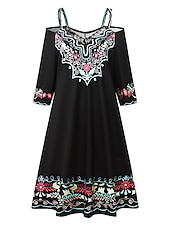 abordables Robes Bohémiennes-robe décontractée pour femmes robe ethnique mini robe noir manches 3/4 couleur pure impression été printemps automne col en v élégant 2023 s m l xl xxl 3xl