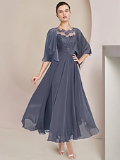 abordables Avec veste-Robe de mère de la mariée en deux pièces A-Line Robe invitée formelle Élégante Décolleté dégagé longueur thé Chiffon dentelle Manches 3/4 Wrap inclus avec appliques froncées 2025 taille personnalisée