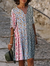 levne Boho šaty-Ženské mini šaty malé šaty tričkové šaty tee šaty posunovací šaty letní šaty aktivní vintage móda venkovní dovolená pravidelné střih květinový 1/2 rukáv V výstřihem růžové námořnické modré modré šedé