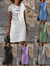 abordables vestidos de algodón y lino de diseño-Mujer Vestido blanco Vestido informal Vestido de Algodón Vestido Midi Acordonado Anudado Básico Casual Diario Vacaciones Escote en Pico Manga Corta Verano Primavera Negro Blanco Plano
