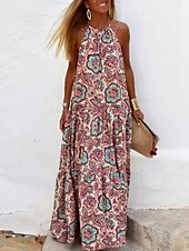 levne Boho šaty-Dámské Maxi dlouhé šaty Volnočasové šaty Letní šaty Boho šaty Šaty s ohlávkou ke krku Čechy Módní Šik ven Venkovní Denní Dovolená Běžný Květinový Bez rukávů Krk ohlávky Rubínově červená Léto Jaro