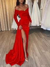 abordables Champagne-Robe de Soirée Sirène Robe Sequins Invité de Mariage Traîne Longue Manches Longues Épaules Dénudées Automne Réception de Mariage Satin avec Fente Ruchée Robe de Mascarade 2025