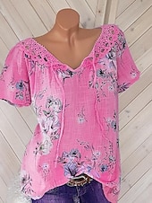 abordables Hauts en dentelle-Blouses en dentelle blanche élégante pour femmes blouses ajourées basiques florales imprimées courtes tops réguliers col en V décontractés romantiques petits tops pour l&#039;été vêtements de vacances