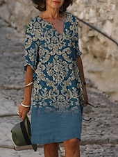 levne Boho šaty-Ženské mini šaty malé šaty tričkové šaty tee šaty posunovací šaty letní šaty aktivní vintage móda venkovní dovolená pravidelné střih květinový 1/2 rukáv V výstřihem růžové námořnické modré modré šedé