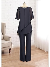 cheap Mom&#039;s Pant Suits-Two Piece Jumpsuit / Pantsuit Mother of the Bride  Formal Wedding Guest Church Elegant Plus Size Bateau Neck Floor Length Chiffon Sleeveless with Beading Cascading Ruffles Crystal Brooch