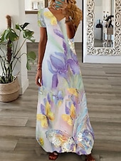 tanie Wakacyjne sukienki-Damskie Sukienka maxi Codzienne sukienki Sukienka z nadrukiem Moda Nowoczesny Codzienny Urlop Codzienny Święto Regularny Graficzny Marmurkowanie Krótki rękaw W serek Biały Żółty Jasnozielony Czerwony
