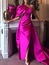 abordables violet-Robe de soirée sirène robe sexy d&#039;été traîne courte sans manches épaule unique réception de mariage d&#039;automne satin avec fente froncée 2025