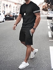 cheap Men&#039;s Tee Sets-Men&#039;s Tee &amp; Drawstring Waist Shorts 2 Pieces Outfits Short Sleeves Crewneck Summer Striped Fashion Sport Casual 2 Piece Striped Trim Vacation Daily Wear Activewear Black Pink Khaki Top Tee for Men