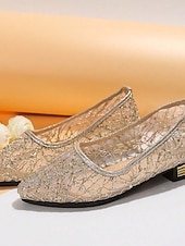 abordables Madre de la Novia/Novio-Zapatos de boda para madre de la novia/novio, zapatos planos de tacón bajo con encaje color champán para mujer, elegantes y cómodos zapatos de noche para invitadas de boda.