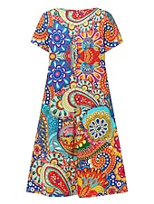 preiswerte Boho Kleider-Damen Minikleid Casual kleid Ethnisches Kleid Etuikleid Minikleid Urlaub Modisch Klassisch Urlaub Geburtstag Casual Regular Fit Blumen Paisley-Muster Kurzarm V Ausschnitt Tiefes V Rote Staubiges Blau