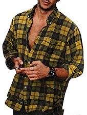economico camicia da uomo con bottoni-Per uomo Camicia Camicia casual Camicia con Bottoni Giallo Rosso Verde Plaid Bavero Vacanza Streetwear Base Abbigliamento Moda Tempo libero