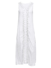 abordables concevoir des robes en coton et lin-Femmes Bleu Clair Noir Blanche Été Robe maxi Robes inspirées du lin Robe Blanche Robe en Dentelle Mode Sans manches Quotidien Week-end Coupe Ample Uni Col en V