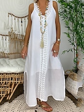 abordables concevoir des robes en coton et lin-Femmes Bleu Clair Noir Blanche Été Robe maxi Robes inspirées du lin Robe Blanche Robe en Dentelle Mode Sans manches Quotidien Week-end Coupe Ample Uni Col en V