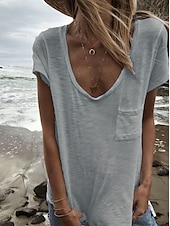 ieftine tricou simplu-Pentru femei Tricou Simplu De Bază Manșon scurt În V Topuri obișnuite Casual Sfârșit de săptămână Buzunar Alb Roșu-aprins Bleumarin Trifoi Kaki