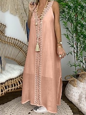 abordables concevoir des robes en coton et lin-Femmes Bleu Clair Noir Blanche Été Robe maxi Robes inspirées du lin Robe Blanche Robe en Dentelle Mode Sans manches Quotidien Week-end Coupe Ample Uni Col en V