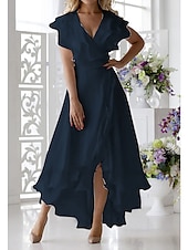 cheap Little White Dresses-Beach Wedding A-Line Mother of the Bride Dress Wedding Guest Elegant High Low V Neck Asymmetrical Chiffon Short Sleeve with Ruffles Split Front