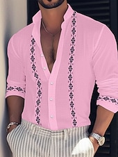 preiswerte Straße-Herren Hemd Hemd aus Baumwollleinen Weißes Baumwollhemd Hemd mit chinesischem Kragen Hemd mit Stehkragen Sommerhemd Farbblock Urlaub Casual Schwarz Weiß Rosa Blau Langarm Stehkragen Frühling Sommer