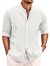 economico Classico-Per uomo Camicia Camicia con colletto a fascia Camicia estiva Abbigliamento mare Maglietta informale Camicia con bottoni Liscio Da mare Informale Nero Bianco Rosa Verde Manica lunga A fascia
