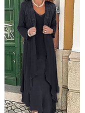 ieftine Cu jacheta-Rochie de mamă a miresei în două piese A-Line pentru nunta pe plajă Invitat formal la nuntă Elegant Mărime mare Casual Gât în V Largime din dantelă in amestec de bumbac fără mâneci Rochii cu aplicații