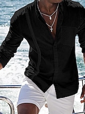economico Vacanza-Per uomo Camicia camicia di lino Camicia in lino e cotone Camicia estiva Camicia da spiaggia Camicia con bottoni Liscio Informale Giornaliero Nero Bianco Blu marino Blu Manica lunga Collo ripiegabile