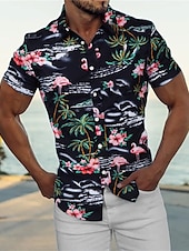 cheap Men&#039;s Casual Shirts-Men&#039;s Shirt Summer Shirt Casual Shirt Beach Shirt Summer Hawaiian Shirt Button Up Shirt Navy Blue Blue Green Short Sleeve Coconut Tree Flamingos Turndown Street Daily Print Clothing Apparel Polyester