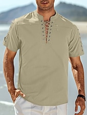 baratos Férias-Homens Camisa Social camisa de linho Camisa casual camisa de praia Tecido Férias Havaiana Preto Branco Azul Marron Manga Curta Colarinho Chinês Primavera Verão Roupa Básico