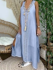 abordables concevoir des robes en coton et lin-Femmes Bleu Clair Noir Blanche Été Robe maxi Robes inspirées du lin Robe Blanche Robe en Dentelle Mode Sans manches Quotidien Week-end Coupe Ample Uni Col en V