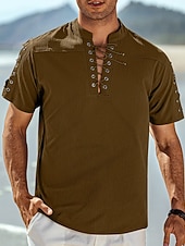 baratos Férias-Homens Camisa Social camisa de linho Camisa casual camisa de praia Tecido Férias Havaiana Preto Branco Azul Marron Manga Curta Colarinho Chinês Primavera Verão Roupa Básico