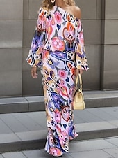 tanie Bluzki damskie garniturowe-Damskie Zestaw sukienek Codzienne sukienki Sukienka ołówkowa Sukienka z nadrukiem Moda Moda miejska Graficzny Abstrakcja Nadruk Sukienka maxi Długi rękaw Na jedno ramię Na zewnątrz Urlop Czerwony