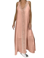 abordables concevoir des robes en coton et lin-Femmes Bleu Clair Noir Blanche Été Robe maxi Robes inspirées du lin Robe Blanche Robe en Dentelle Mode Sans manches Quotidien Week-end Coupe Ample Uni Col en V