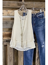 preiswerte Hemden-Damen Camisole Tank Top einfarbig Basic Baumwolle Leinen Weste Rundhals Regular Tops Casual Lagenlook Schwarz Weiß Khaki