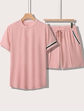 cheap Men&#039;s Tee Sets-Men&#039;s Tee &amp; Drawstring Waist Shorts 2 Pieces Outfits Short Sleeves Crewneck Summer Striped Fashion Sport Casual 2 Piece Striped Trim Vacation Daily Wear Activewear Black Pink Khaki Top Tee for Men