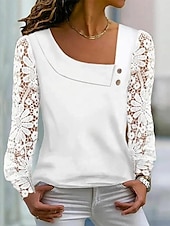 economico Bluse e camicie-Per donna Camicia Camicia in pizzo Blusa Occhiello in alto Liscio Elegante Di tendenza Essenziale Manica lunga A V Top regolari Informale Pizzo Bottoni Bianco Primavera Autunno
