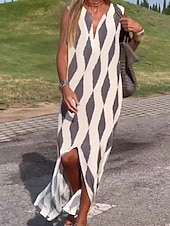 cheap Vacation Dresses-Women&#039;s Tank Dress Geometric Print Split Neck Maxi long Dress Vacation Sleeveless Summer Spring