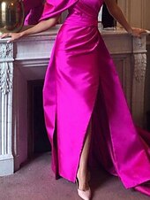 abordables violet-Robe de soirée sirène robe sexy d&#039;été traîne courte sans manches épaule unique réception de mariage d&#039;automne satin avec fente froncée 2025
