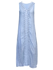 abordables concevoir des robes en coton et lin-Femmes Bleu Clair Noir Blanche Été Robe maxi Robes inspirées du lin Robe Blanche Robe en Dentelle Mode Sans manches Quotidien Week-end Coupe Ample Uni Col en V