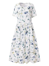 billiga Blommig klänning-Kvinnors Midiklänning Casual Klänning Blommönster Rynkad Print Crew Hals Grundläggande Casual Dagssemester Kort Ärmar Sommar Vår