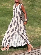 cheap Vacation Dresses-Women&#039;s Tank Dress Geometric Print Split Neck Maxi long Dress Vacation Sleeveless Summer Spring