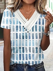 preiswerte Kunst &amp; Design T-Shirt-Damen T Shirt Graphic Elegant Modisch Basic Kurzarm V Ausschnitt Normale Oberteile Täglich Wochenende Knopf Bedruckt Schwarz Weiß Rosa Blau Grün