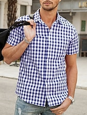 economico camicia da uomo con bottoni-Per uomo Camicia Camicia Estiva Camicia casual Camicia da Spiaggia Camicia con Bottoni Camicie a quadri Nero Blu reale Blu Rosso Blu scuro Manica Corta Quadri Bavero Vacanza Quotidiano Abbigliamento